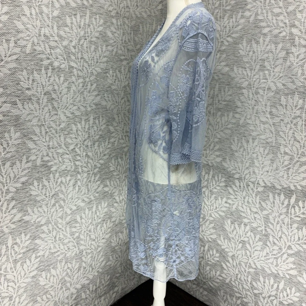IndigoPoppy Kimono Duster Women S/M Blue Floral Lace Mesh Embroidered Boho Fairy